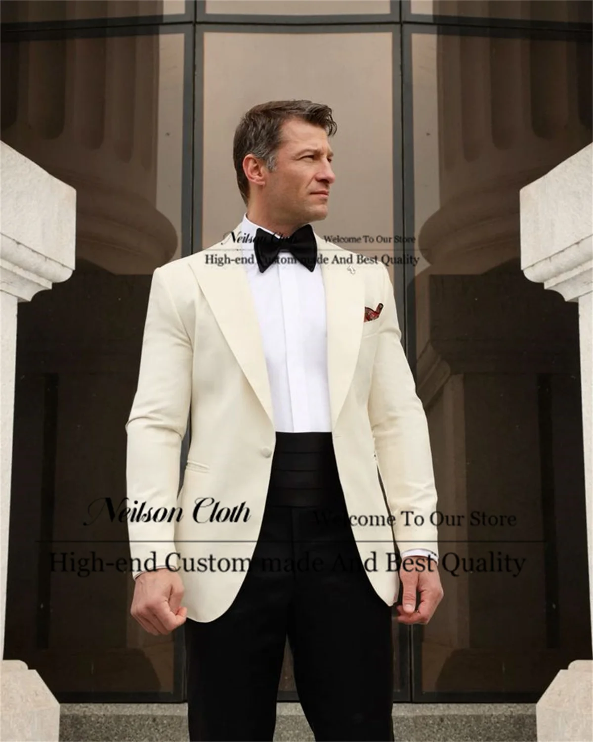 

Formal Beige Male Prom Blazers 2 Pcs Sets Peaked Lapel Groom Wedding Tuxedos Slim Fit One Button Groomsmen Costume Homme