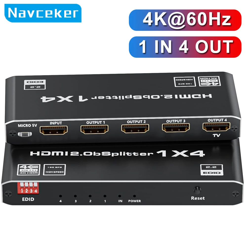 Navceker 4K 60Hz HDMI-Compatible Splitter 1 Input 4 Outputs HDMI Adapter One to 2 4 HD Video Switcher for Xbox PS4 DVD PC Laptop