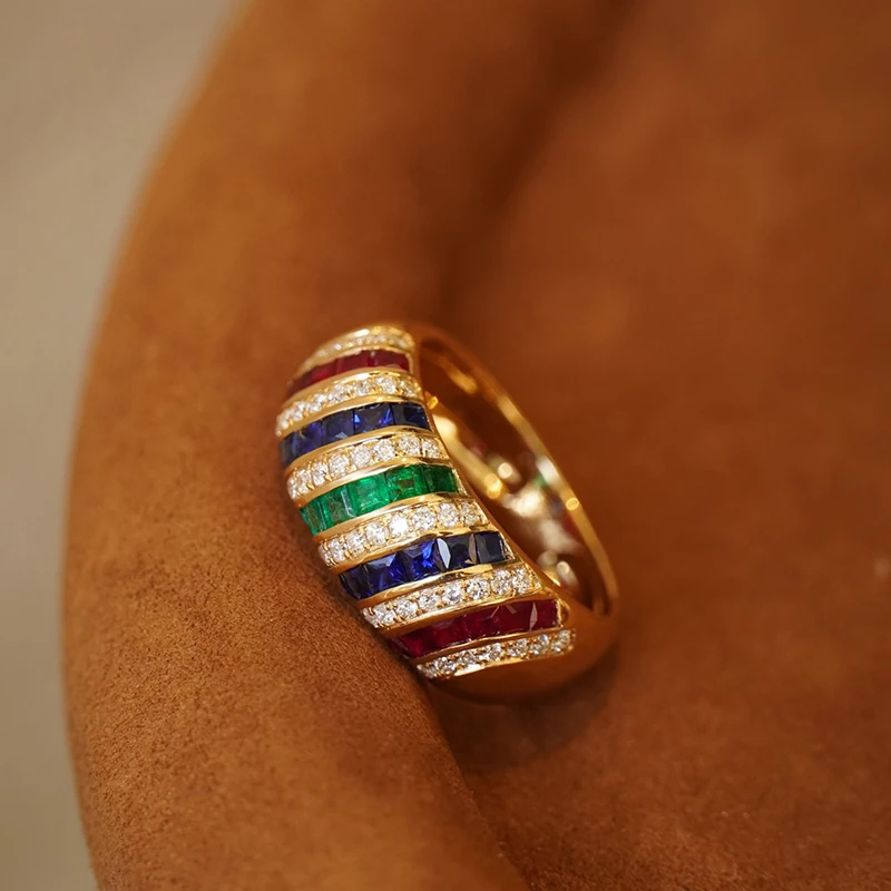 Aazuo Real Jewely 18K Solid Yellow Gold Natural Gemstone Real Diamonds Luxury Lines Rings For Girls & Women Senior Banquet Party
