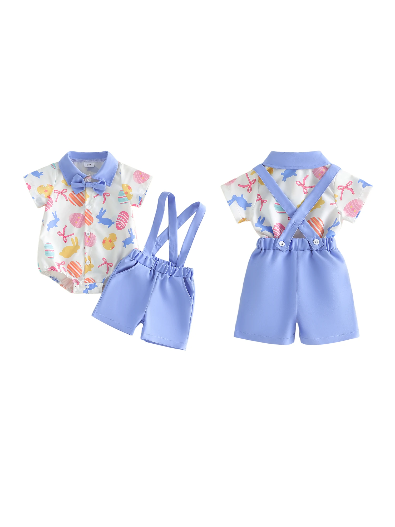 

Очаровательный пасхальный комплект из двух предметов для маленьких мальчиков, комбинезон с короткими рукавами и принтом кролика и яйца, шорты на подтяжках — идеально подходит для