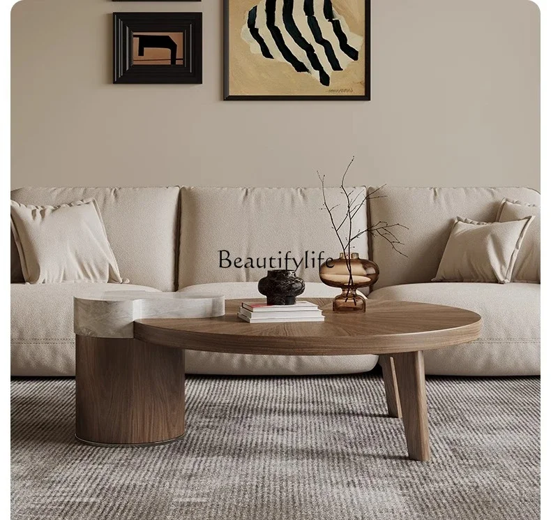 

44-*Medieval style walnut color round coffee table light luxury simple wabi sandy style retro