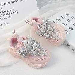 Princess Pink Pearls Spring/Autumn Children Shoes Crystal Toddler Girls Sneakers Mesh Breathable Fashion Casual Kids Shoes 26-38