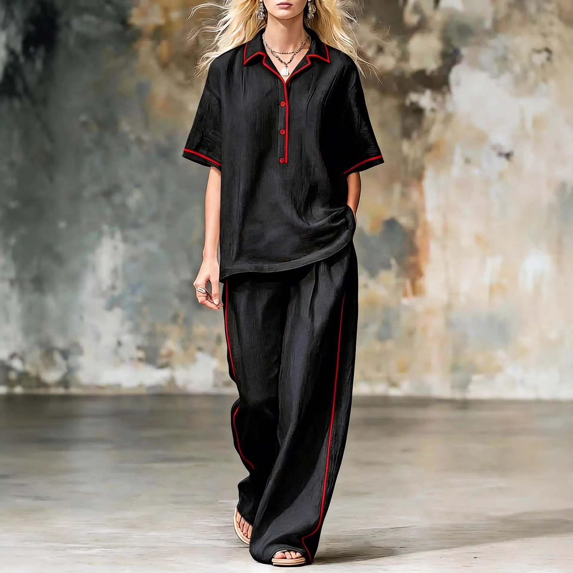

Summer Women's Casual Trousers Set Contrast Color Lapel Collar Button Short-sleeved Top Wide-leg Pants Matching Two-piece Sets