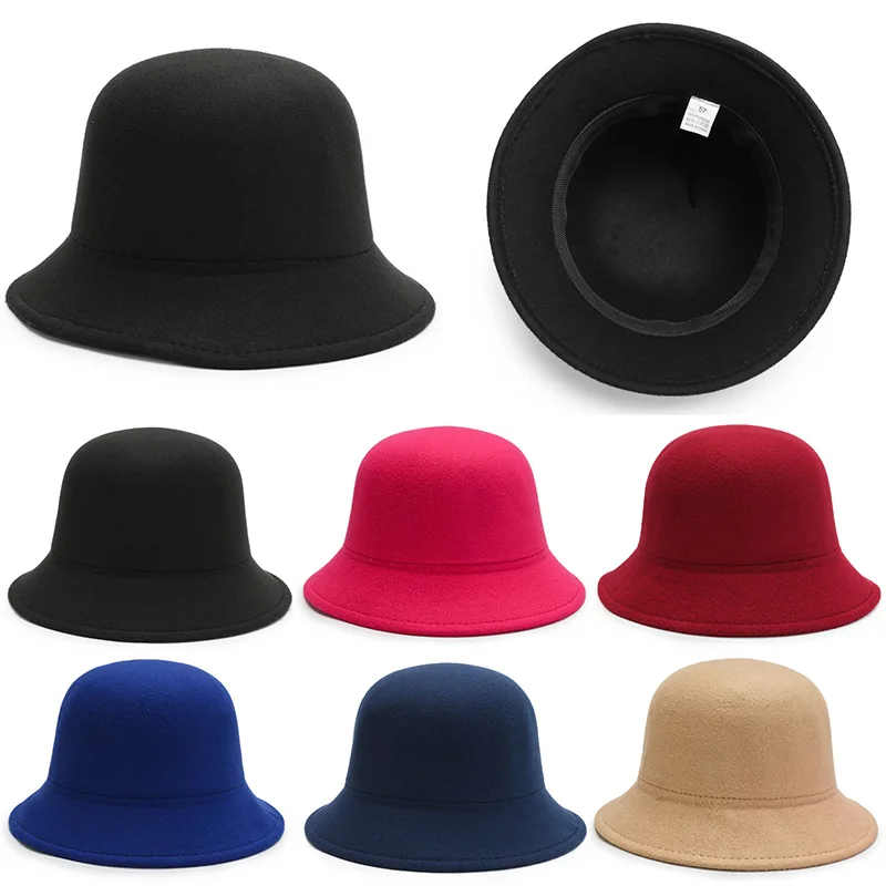 Vintage Wool Felt Hat Women Elegant Bucket Cap Fall Winter Top Hats Simple Solid Color Church Jazz Cap Ladies Dome Fedoras Caps