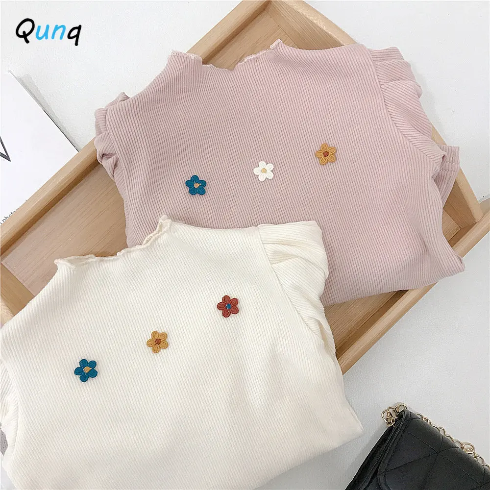 

Qunq Spring & Autumn Girls Love Slim Sweet Puffed Sleeves High Neck Applique Top Casual Style Cute Kids Clothes Age 1T-3T