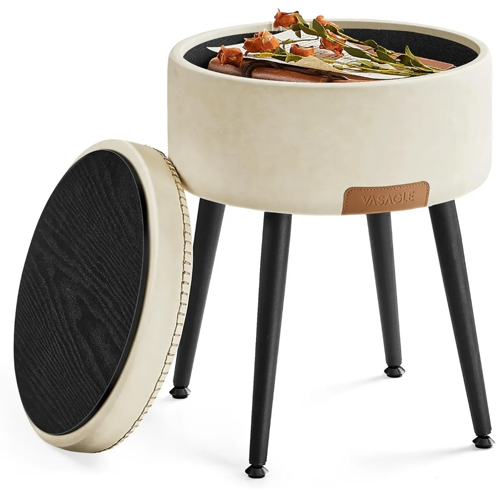 

Dressing chair and stool, synthetic leather and stitching, circular storage seat with steel legs, weighing 330 pounds