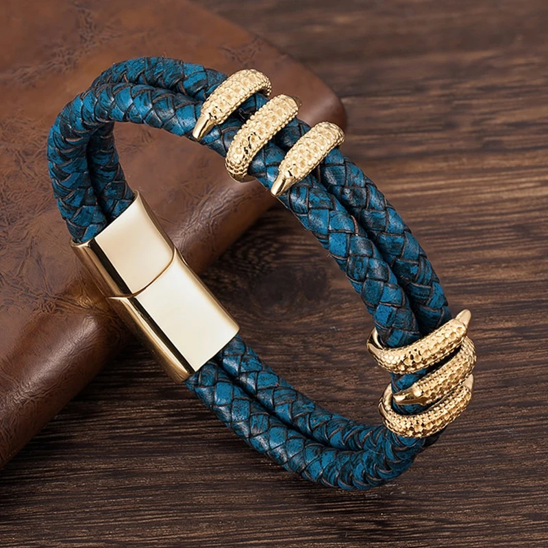 Punk Men Vintage Blue Braided Genuine Leather Bracelet Black Dragon Claw Homme Femme Bracelets Handmade Jewelry Pulseras