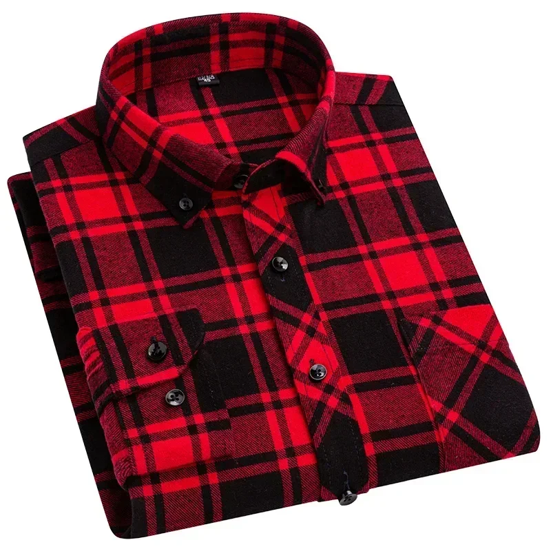 Autumn Winter Plaid Shirts Thick Flannel Shirt Standard-Fit for Men Long Sleeve Pure Cotton  Patch Pocket Design Young