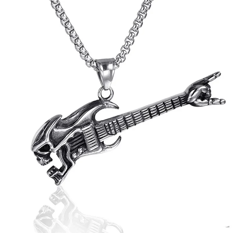 New Fashion Domineering Skull Bass Guitar Gesture Men's Necklace Retro Music Hip Hop Pendant Jewelry Accessories Gift Wholesale