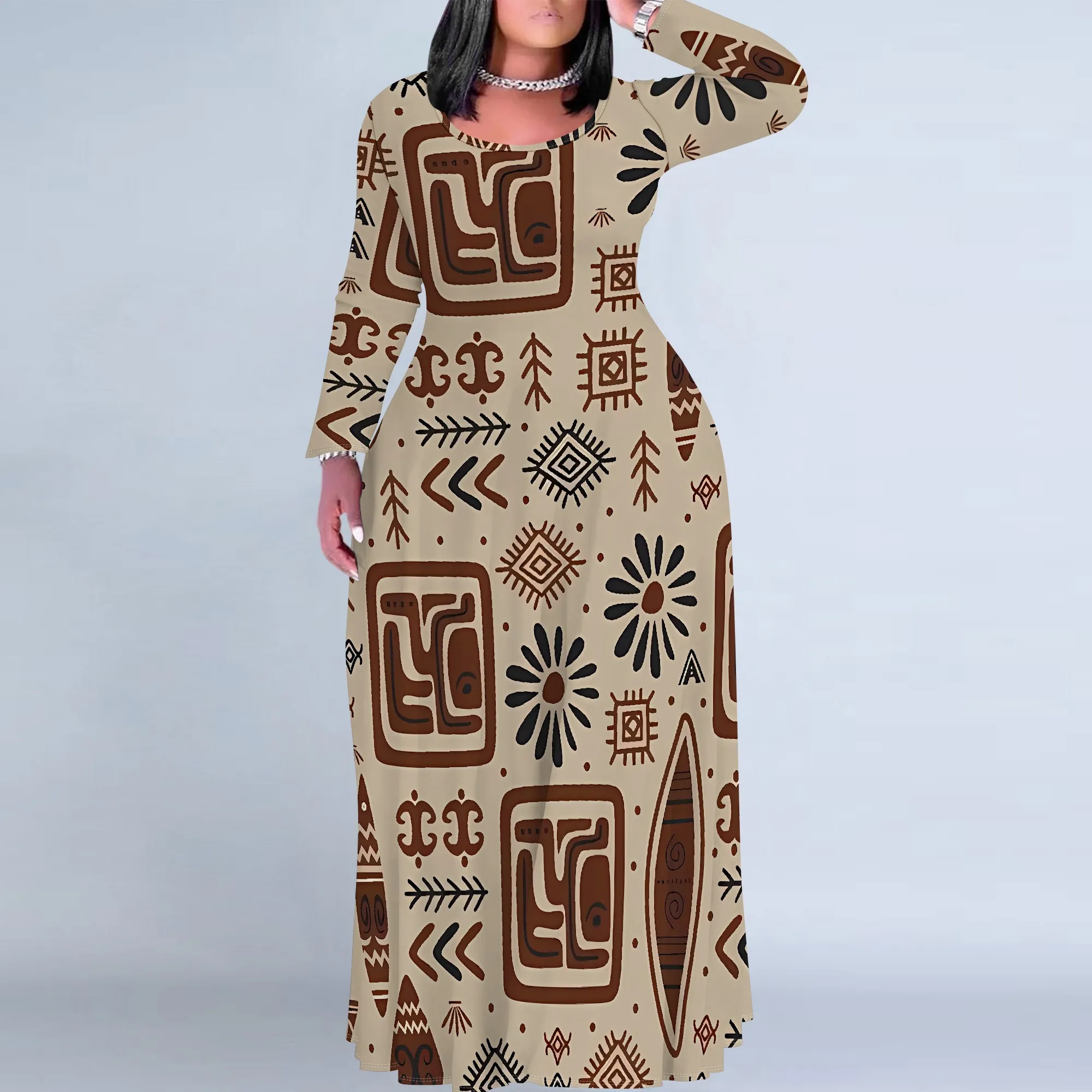 

EQQZD Round Neck Long Sleeve Plus Size Maxi Dresses for Women, Elegant Boho Style Pattern Print Dress with Pockets