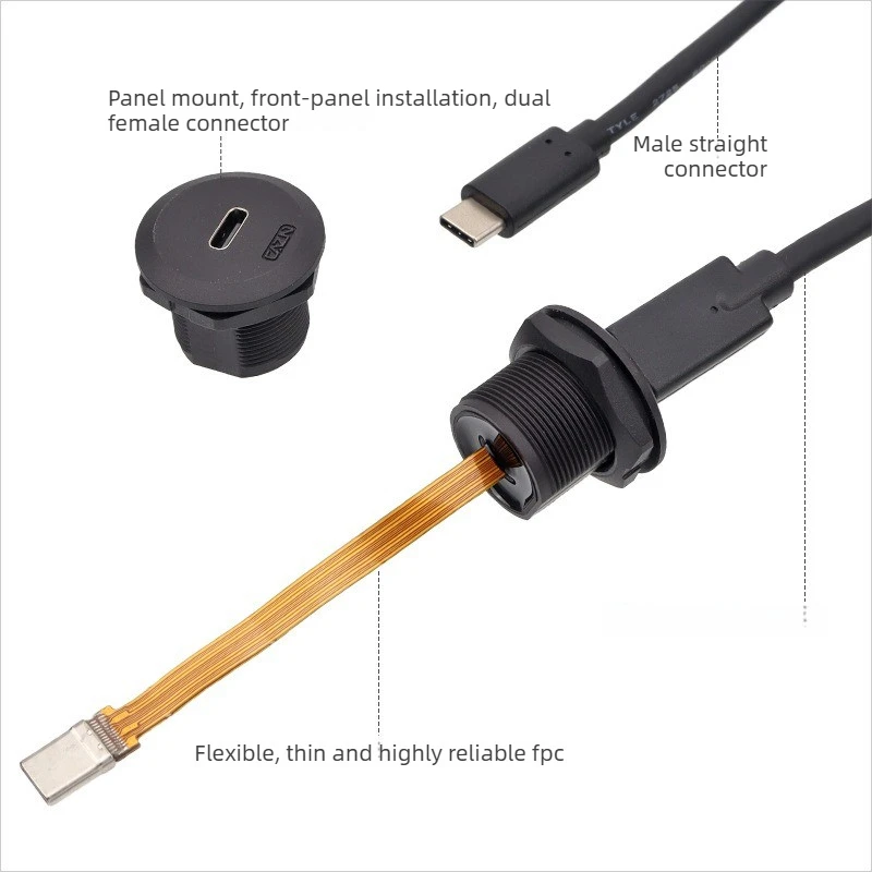 EP Series Panel Front Mounted Socket Version 3.1 10Gbit/s Female To Male Receptacle With FPC Wire Fast Charging Extension Cable