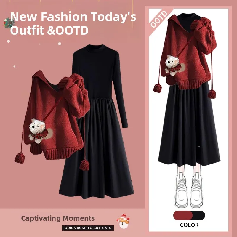 

Красный вязаный свитер и комплект из двух предметов Dr для женщин, модный новогодний дизайн, осенне-зимняя коллекция Long Sve