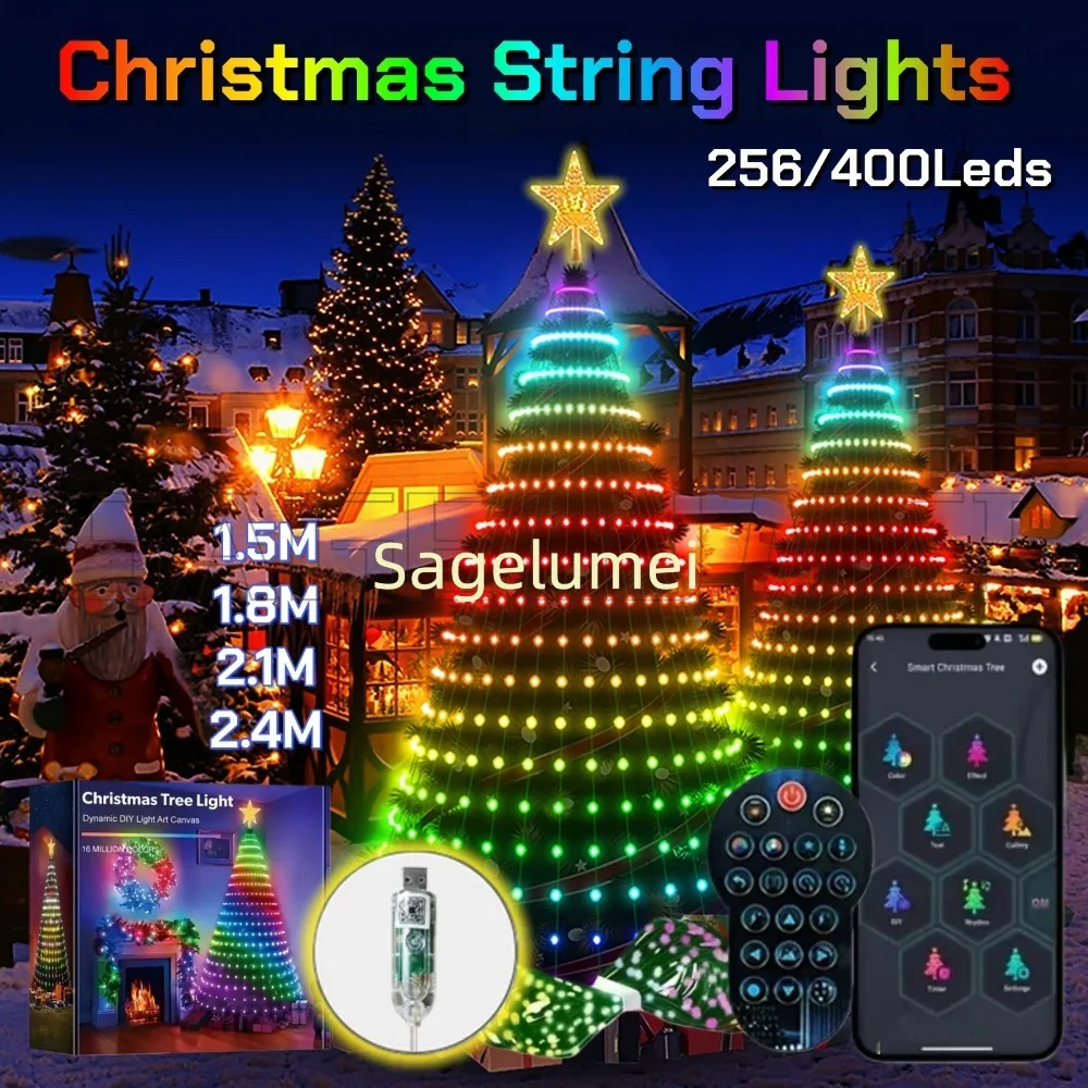 USB 256/400Leds Smart Christmas Tree Light Christmas String Lights APP Remote Control DIY Pattern for Indoor Outdoor Decorations