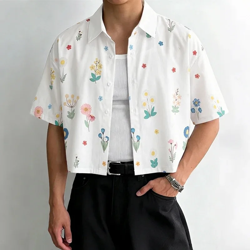 2026 Summer Men Cropped Floral Print Shirts Casual Short Sleeve Button Down Blouse Vintage Aesthetic Loose Fit Streetwear S-2XL