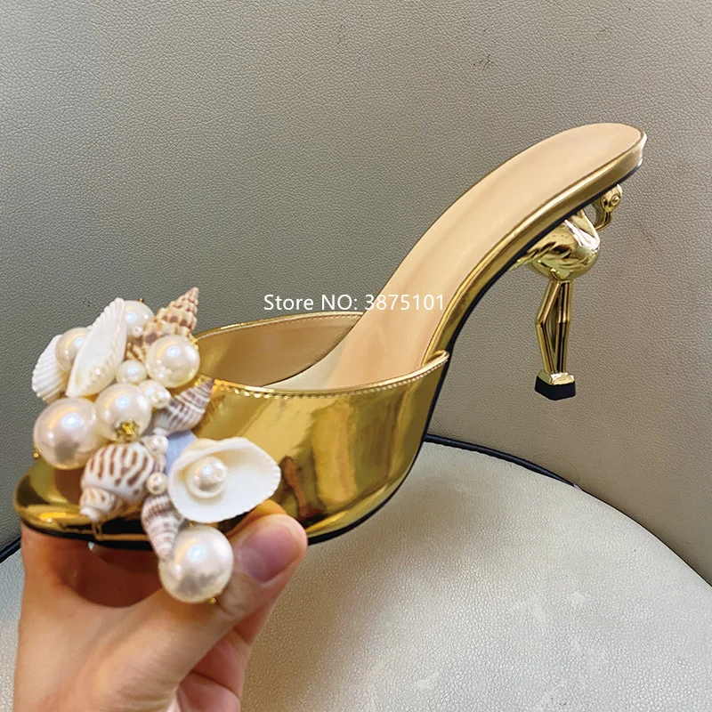 

Unique Desgin Shell Decor Slippers Women Sandals Middle Flamingo Heels Shoes Open Toe Summer Sexy Ladies Slides