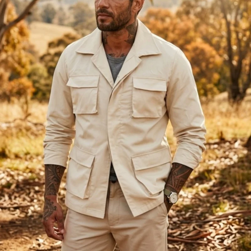 Image of Neue Herren Frühling/Herbst Cargo-Jacke - Multitaschen Leichte & Praktische Streetwear Einfarbige Urbane Oberbekleidung Frisch Eingetroffen