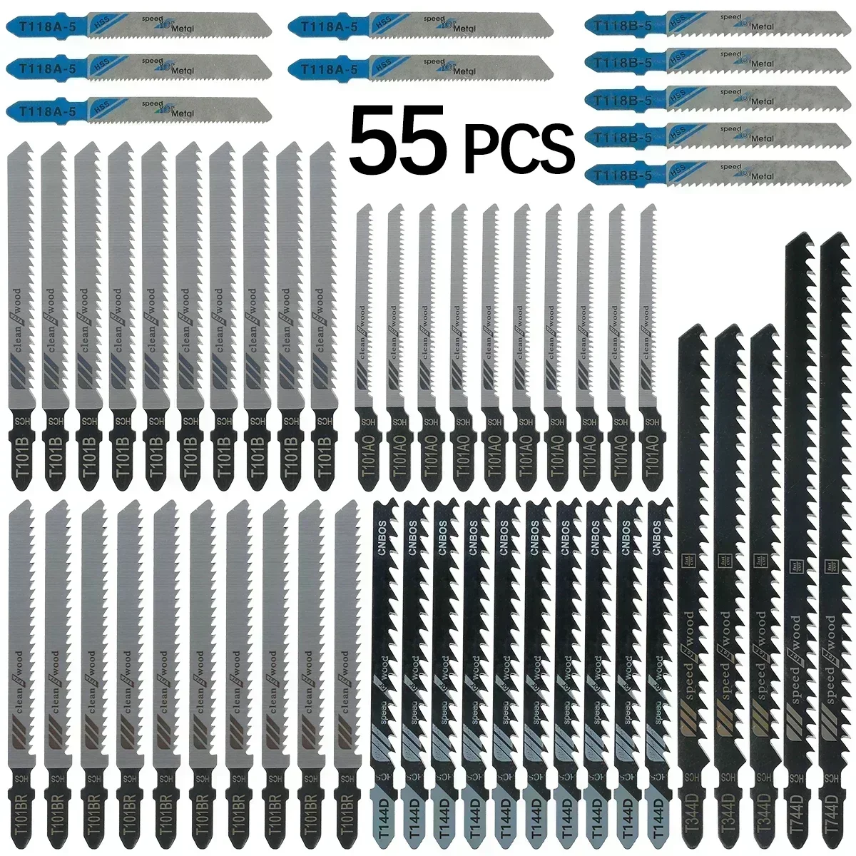 New 55Pcs Jig Saw Blades Set HCS Assorted Saw Blade with T-shank Sharp Fast Cut Down Jigsaw Blades Woodworking Blades Hand Tool