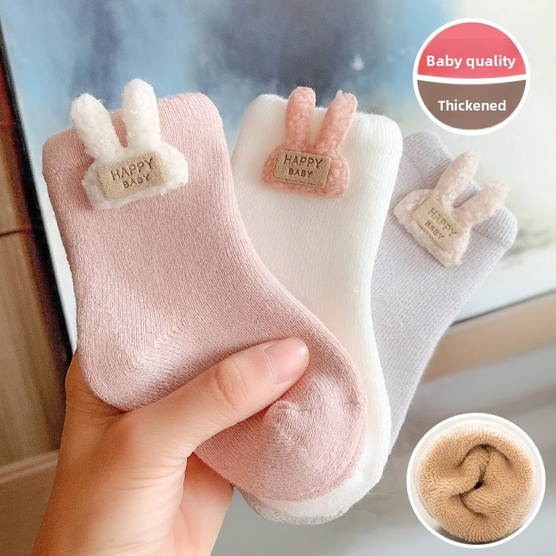 3 Pairs Cartoon Baby Winter Socks Thick Terry Thermal Mid-Crew Newborn Infant Cozy Warm Socks for Cold Weather Toddler Footwear