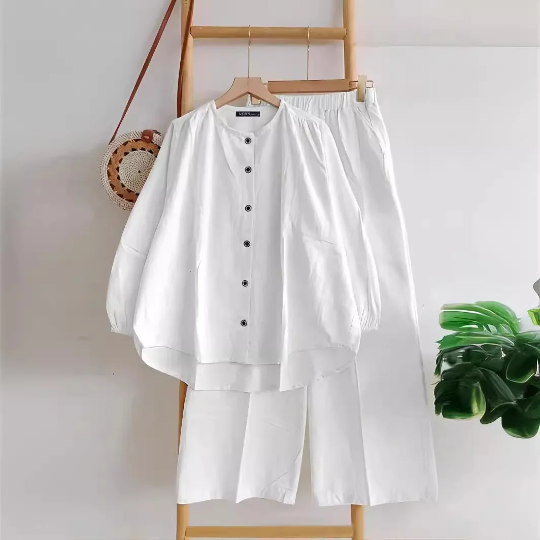Women's 2 Piece Fashion Loose Button Top Casual Wide Leg Pants Set 2024 Autumn Solid Color Loose Suit