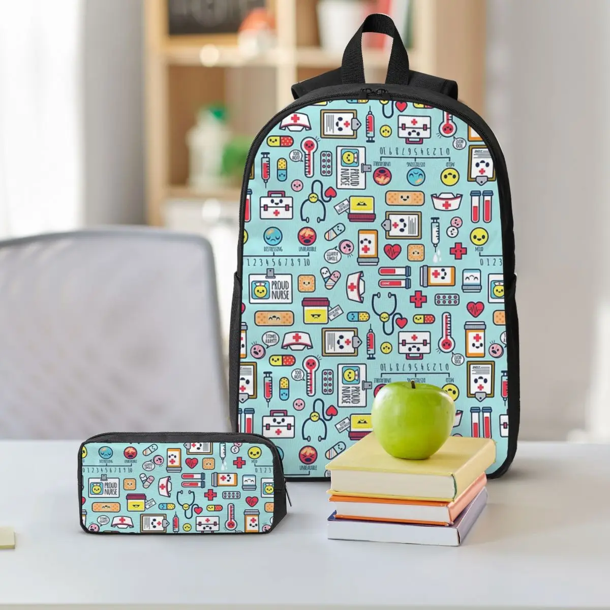 Proud To Be A Nurse Surface Pattern Design Blue Backpack BookBag School Bag Shoulder Bags 3ps Insulated Lunch Bag Pencil Case