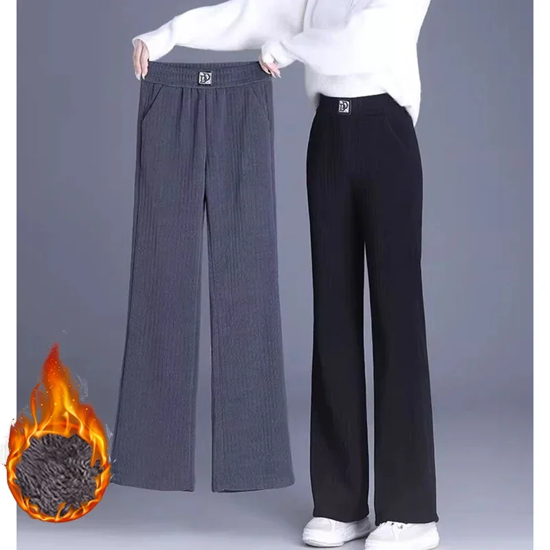Women Retro Designer Fleece Pants 2025 Autumn Winter Lady Snow Warm Thermal Pants Female Plush High Waist Straight Leg  Trousers