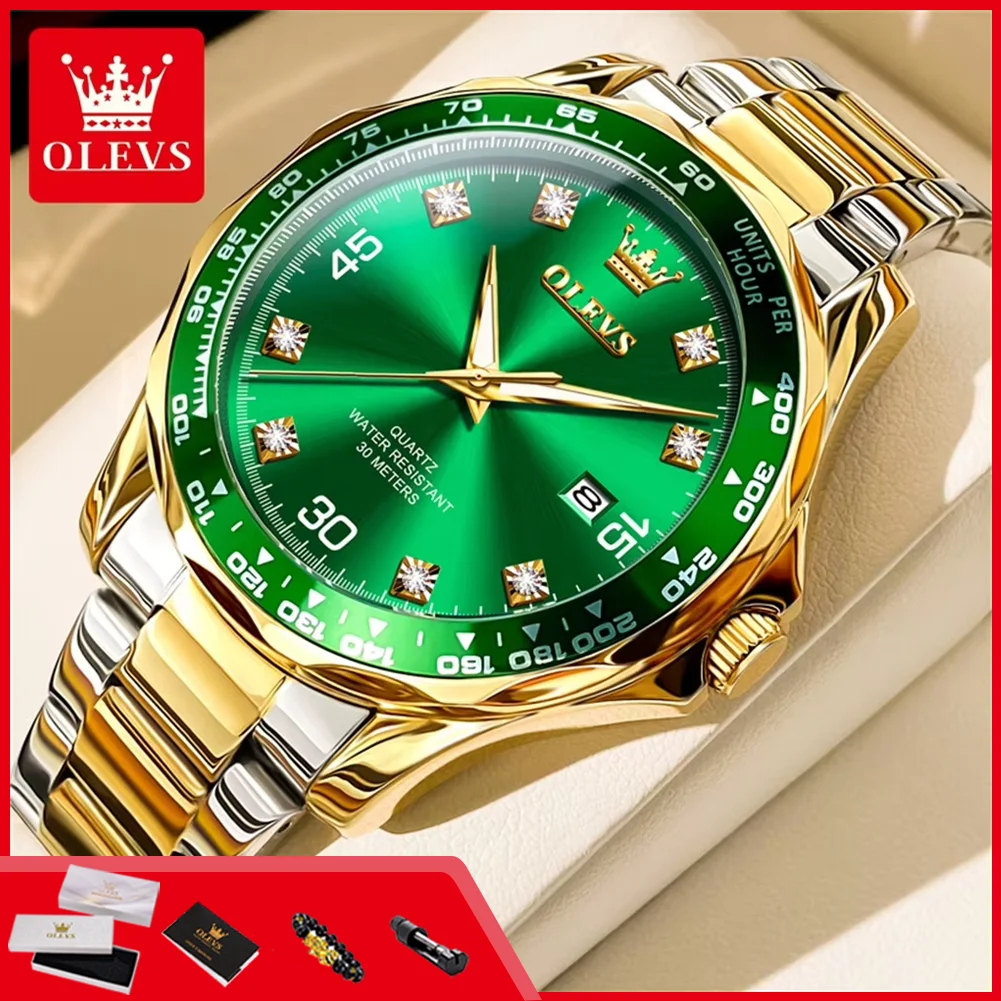 OLEVS 9988 Luxury Men's Watches Top Brand Original Green Water Ghost Series Steel Strap Waterproof Quartz Wrist Watch for Man