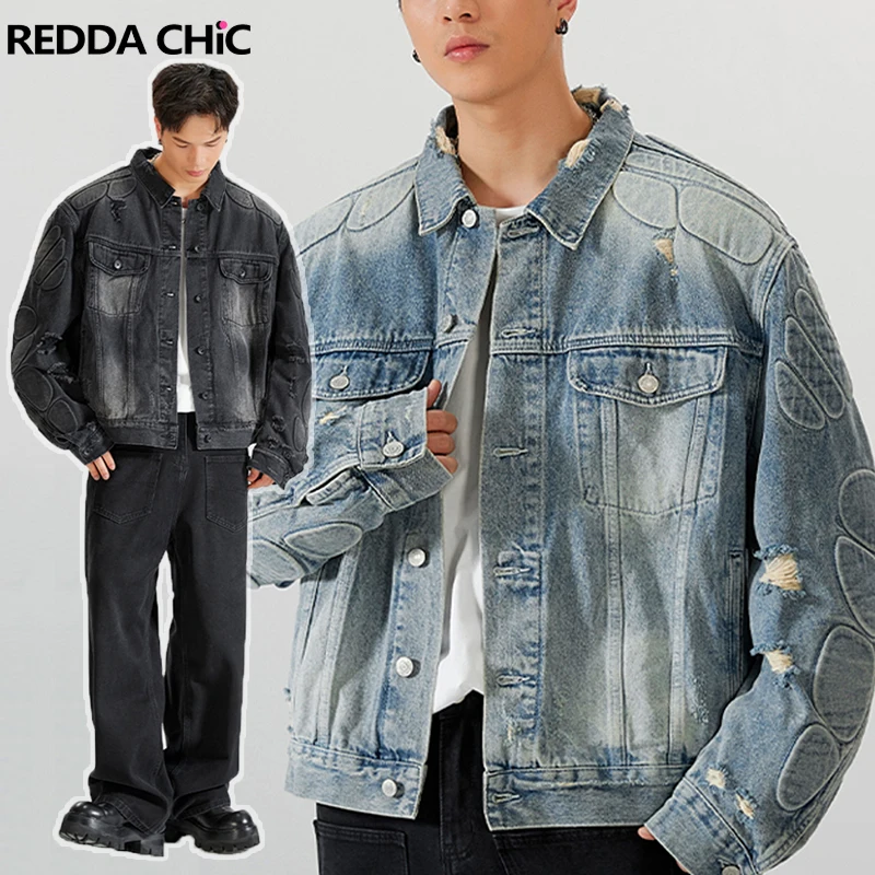 ReddaChic Heavy Industry Ripped Y2k Denim Jacket Men Vintatge Wash Blue Black 3D Padded Long Sleeves Bomber Coat Y2k Streetwear