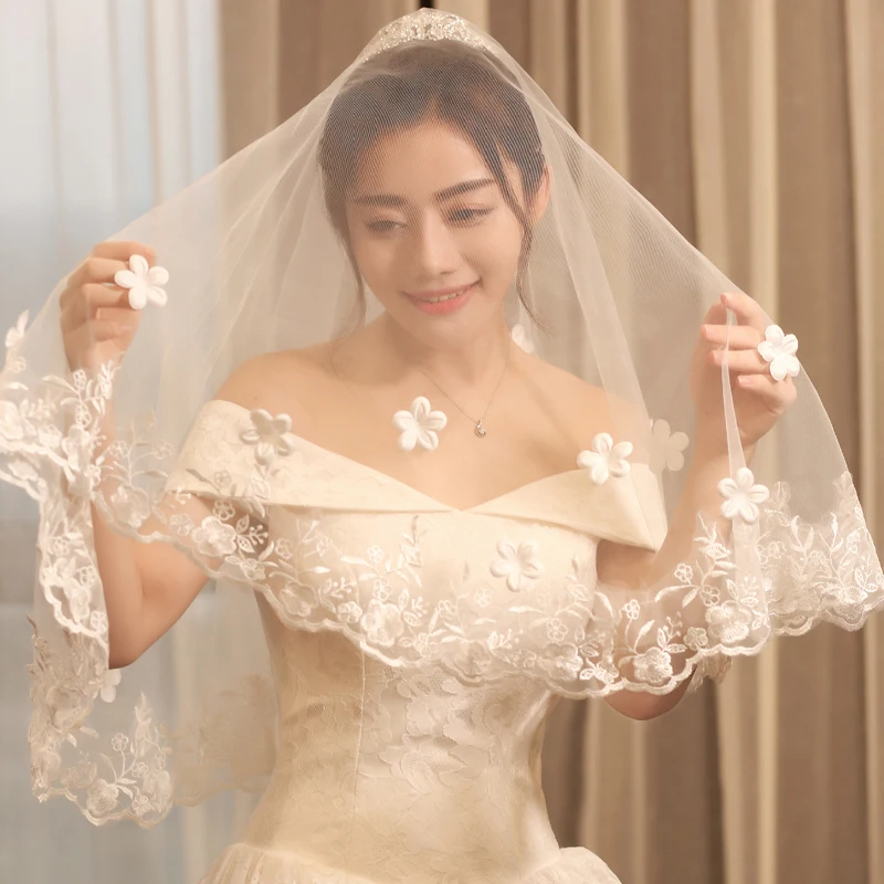 3M One ชั้นขอบลูกไม้งาช้างแต่งงาน Wedding Veil เจ้าสาวยาว Veil ราคาถูกอุปกรณ์จัดงานแต่งงาน