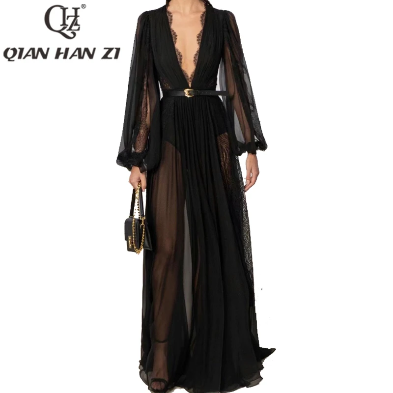 

QHZ Designer Vintage Fashion Maxi Dress Women V-neck Lantern sleeve Vacation belt Slim Lace stitching black Party long dress