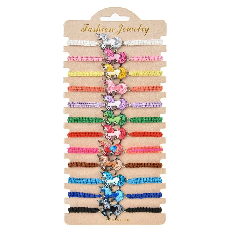 12Pcs/Lot Animal Unicorn Horse Charm Bracelets For Women Kids Handmade Colorful Braided Rope Adjustable Wristband Female Jewelry