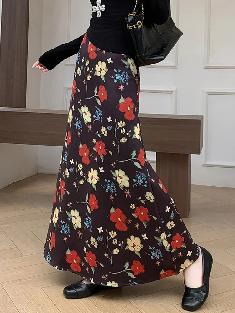 Zoki الأزهار الرجعية التنانير الطويلة النساء فو الجلد المدبوغ ضئيلة عالية الخصر Y2K تنورة الشارع الشهير خمر الأمريكية الخريف الشتاء حورية البحر التنانير