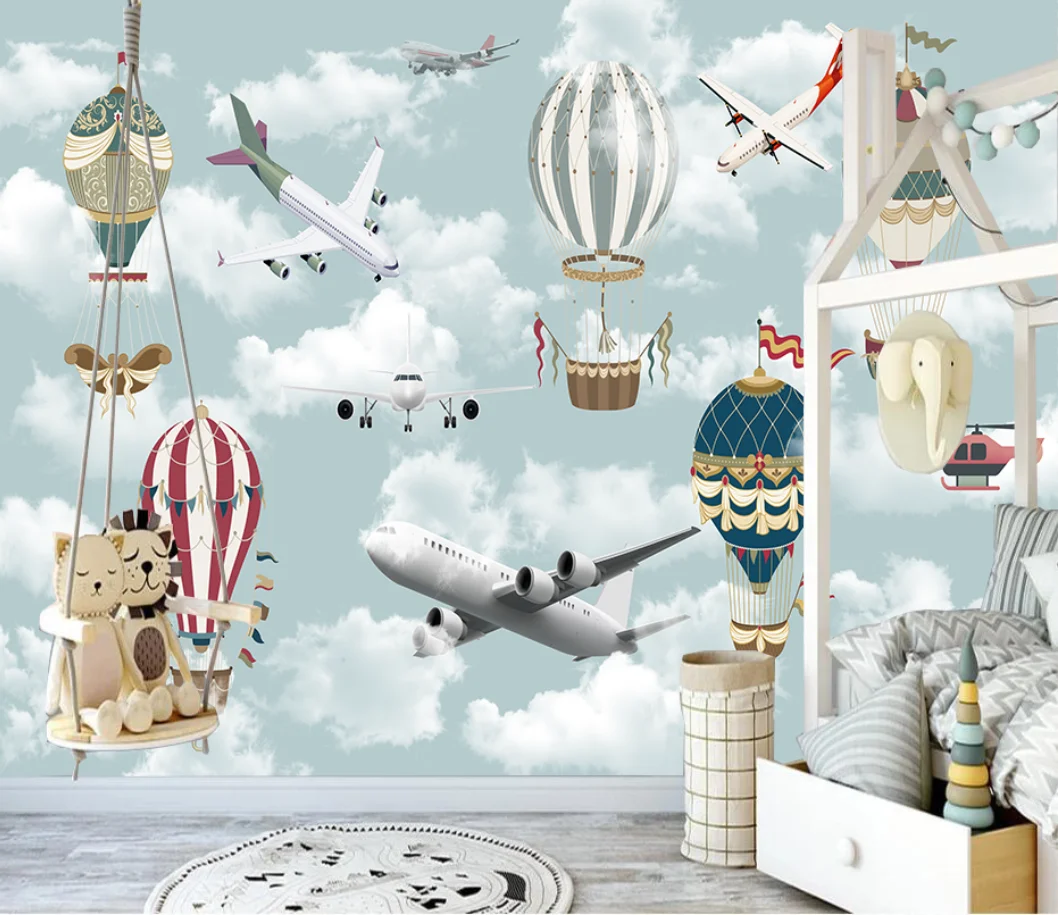 

Modern simple hot air balloon flying clouds sky cartoon photo mural children's room background wall custom decorative wallpaper