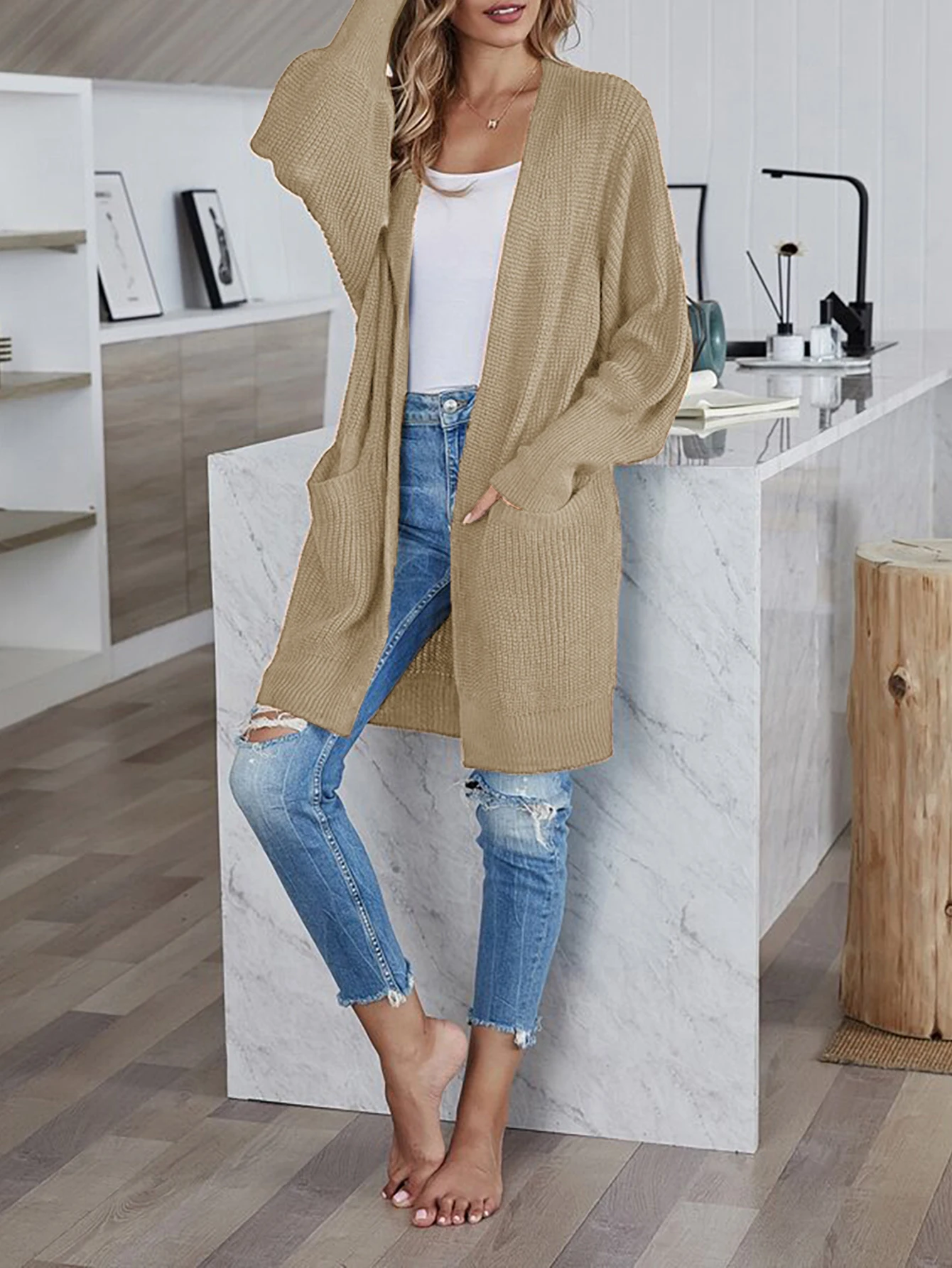 Sweater women\'s coat coarse wool line pocket knitted cardigan commuter style loose medium long coat casual