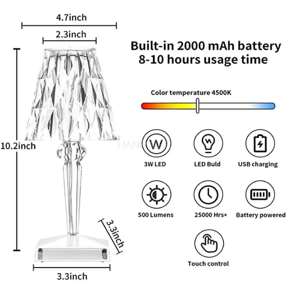 Charging Desk Lamp Night Light Touch Tap Light Diamond Rose Lamp Decor Acrylic Internet-Famous Bedside Ambience Lamp
