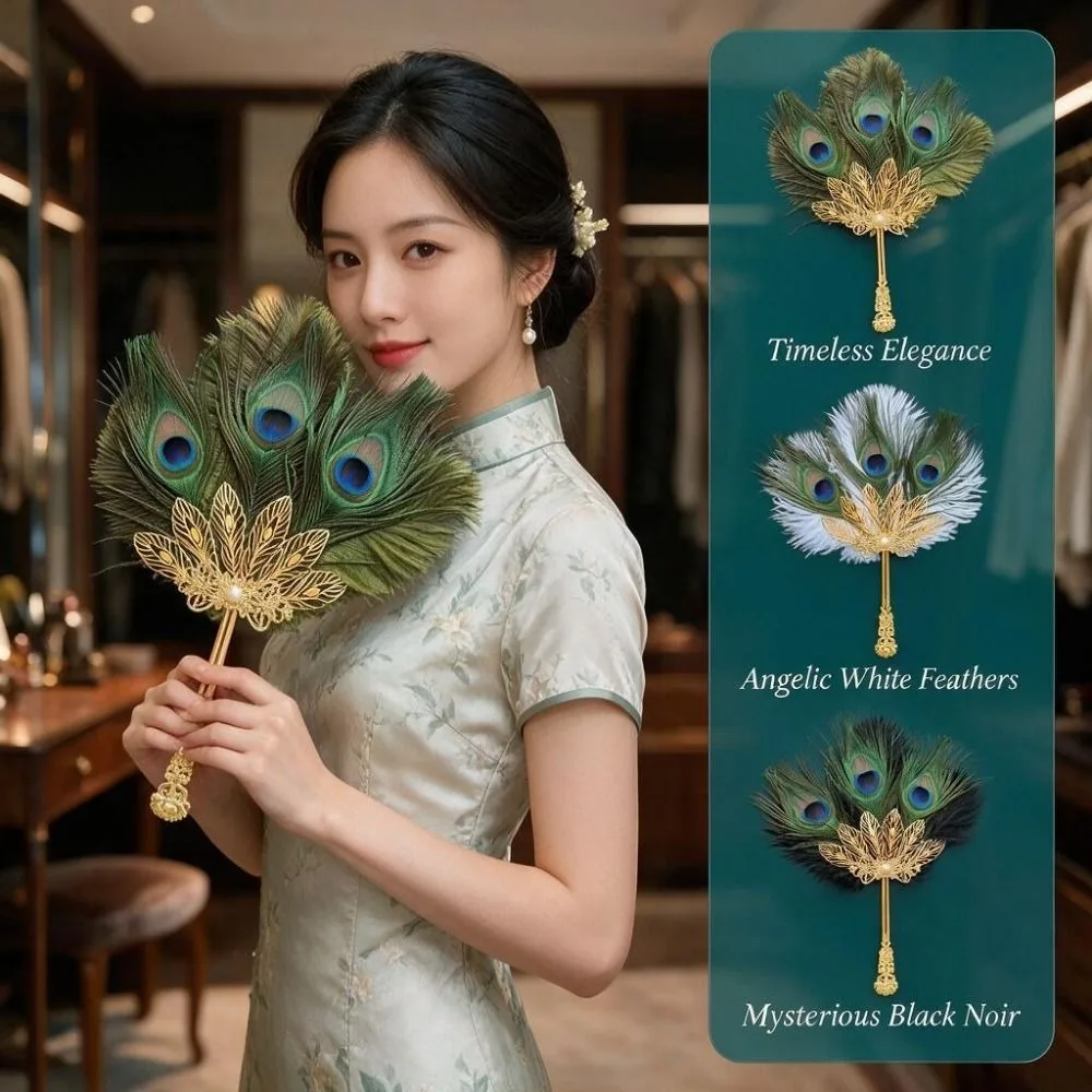 Green Peacock Feather Fan Metal Handle Multi-Color Dance Performance Prop Fan Luxurious Elegant Decorative Handheld Fan Weddings