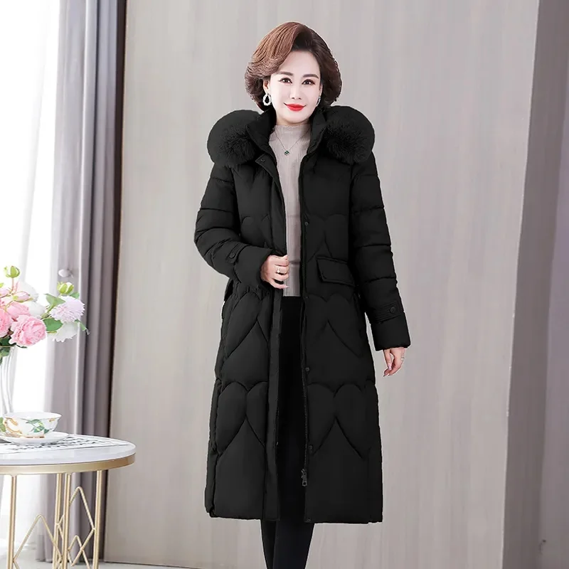 2023 New Winter Jacket Parkas Women Fur Collar Hooded Thicke Down Cotton Jacket Middle-Aged Female Coat Mother Warm Long Outwear