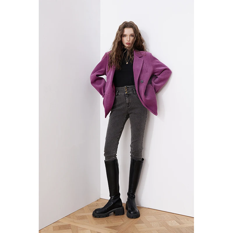 ELFSACK Women Oversized Corduroy Blazer with Double Breasted Buttons Lapel Collar Purple Casual Suit Jacket