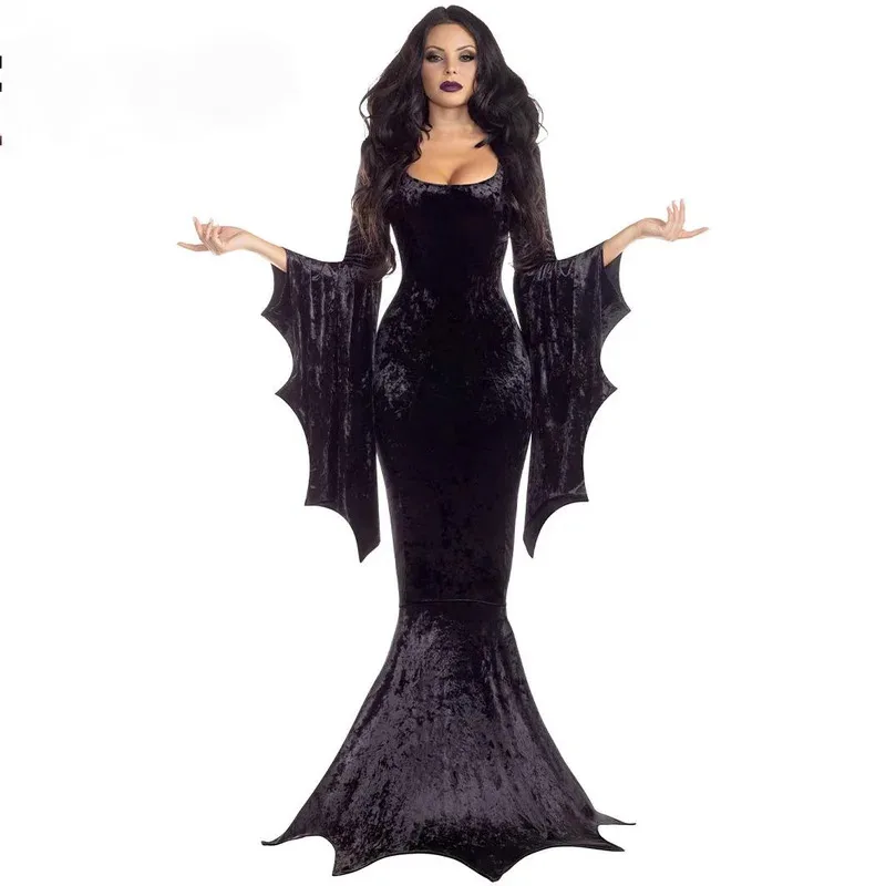 Halloween Women's Witch Costume Velvet Retro Black Gothic Morticia Dress Female Role Playing Set Robe sf/1