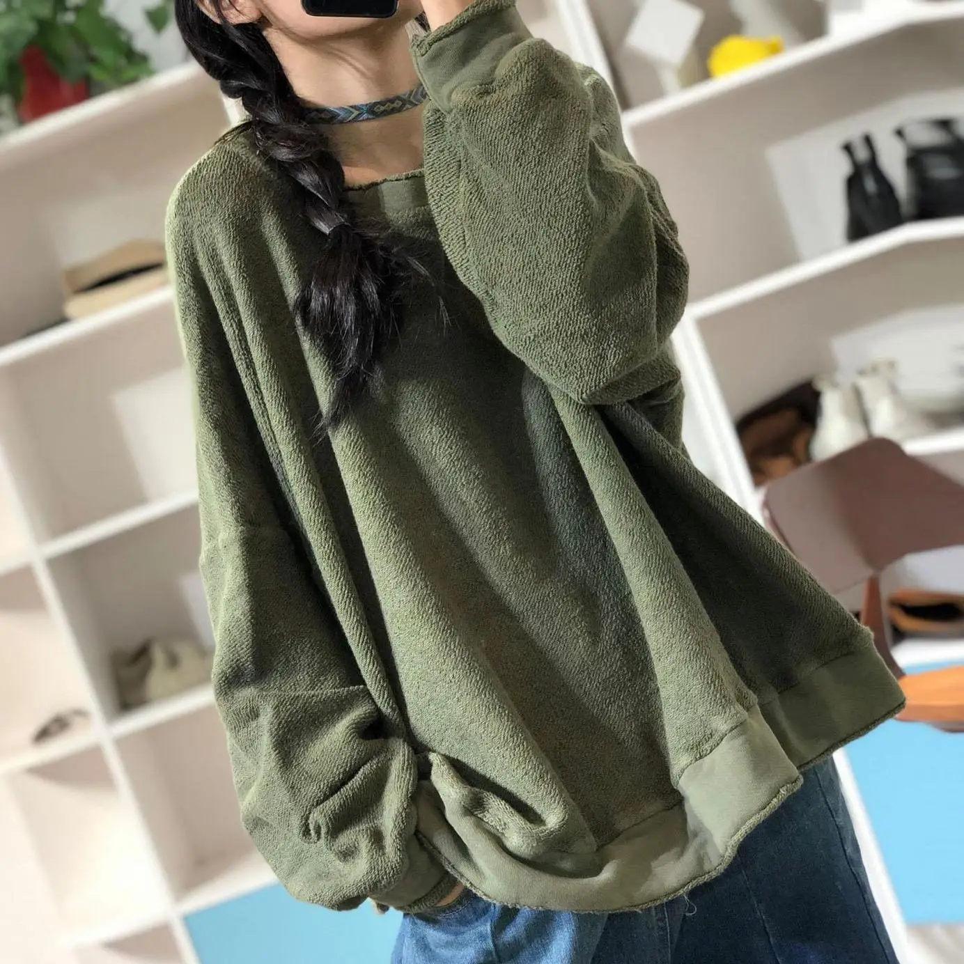 Autumn Winter Original Artistic Harbor Style Personality Reverse Circle Cotton Loose Casual Top Solid Round Neck Sweatshirt