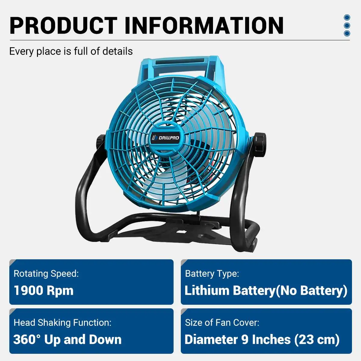 Drillpro 9 Inch Portable Fan Blower Outdoor Mounting Industrial Fan 360 Degrees Adjustable Summer Fans for Makita 20V Battery