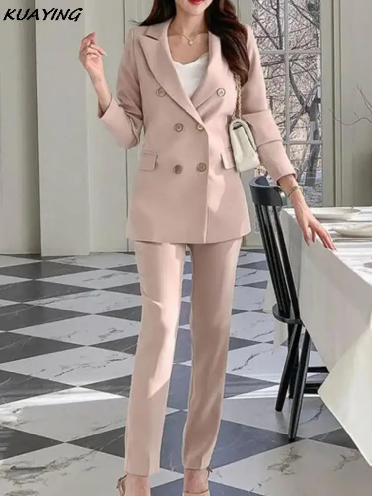 Women Casual Elegant Business Trousers Suit Office Ladies Slim Vintage Blazer Pantsuit Fashion Korean Female Clothes Two Pieces