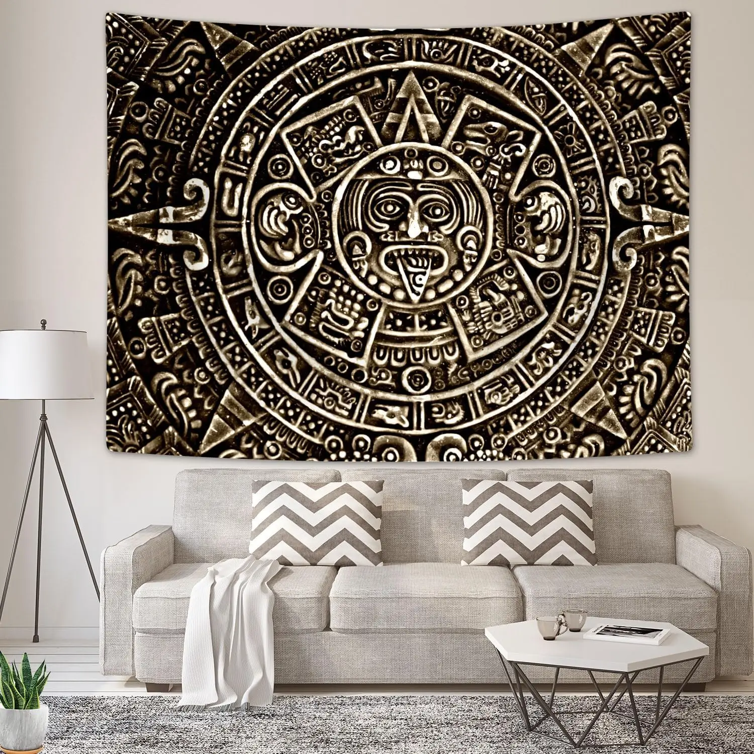 Aztec Mayan Tapestry Wall Hanging, History Close View Of The Ancient Aztec Calendar Mayan Civilization Wall Art Decor, Ethnic