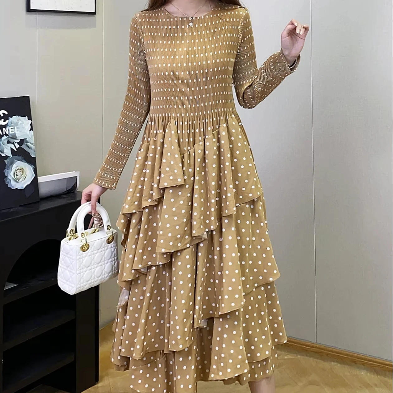 

Printed Polka Dots 2024 Hot Selling Ladies Casual Dress Stretch Loose Round Neck Long Sleeve Pleated Cake Dress