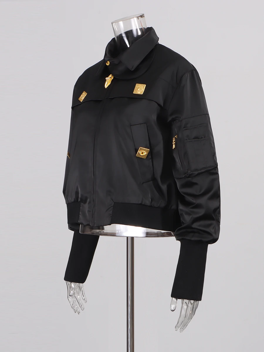 TWOTWINSTYLE Jednolite, łączone, cekinowe kurtki damskie z wysokim kołnierzem, długimi rękawami, patchworkowe kurtki na zamek błyskawiczny, nowe ubrania damskie