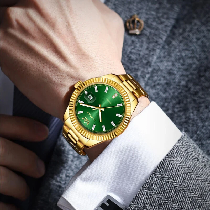 Gold Stainless Steel Men's Quartz Watch Waterproof with Calendar Feature Fashionable Timepiece for Men