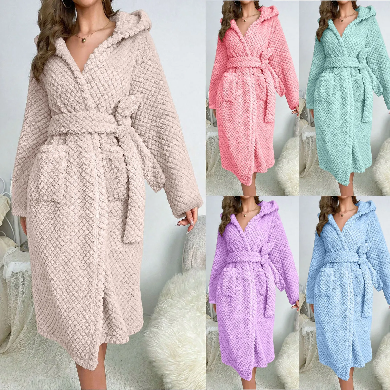 Fuzzy Robes for Women Thicken Hooded Bathrobe Coral Plush Hoodies Ladies Bathrobe Waffle Puff Teddy Robe Coral Velvet Pajamas