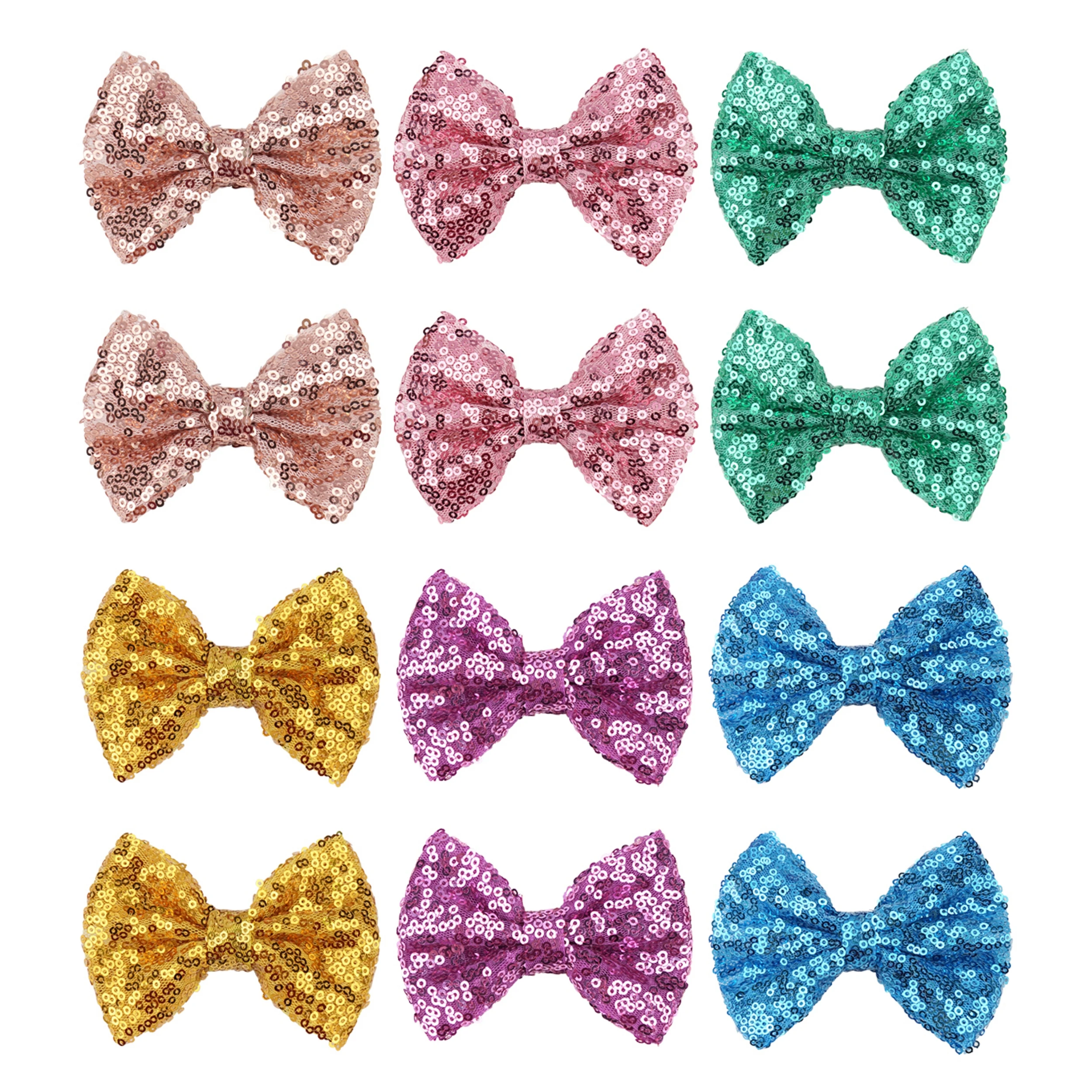 

12Pcs Party Festival Girls Sparkling Bows Clips-12Piece Glitter Sequins 4" Hair Bows Alligator Hair Clips for Kids Baby Child