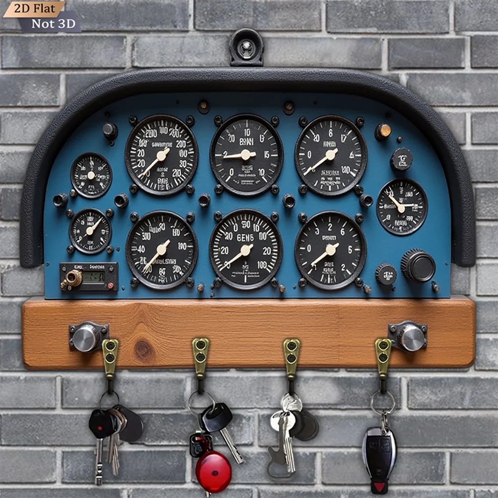 2D flach, 1 Stück, Retro-Schlüsselhaken für Luftfahrt-Instrumententafel, multifunktionaler Schlüsselhaken aus Holz für Zuhause, mit vier Metallhaken, Wand – Detail 5