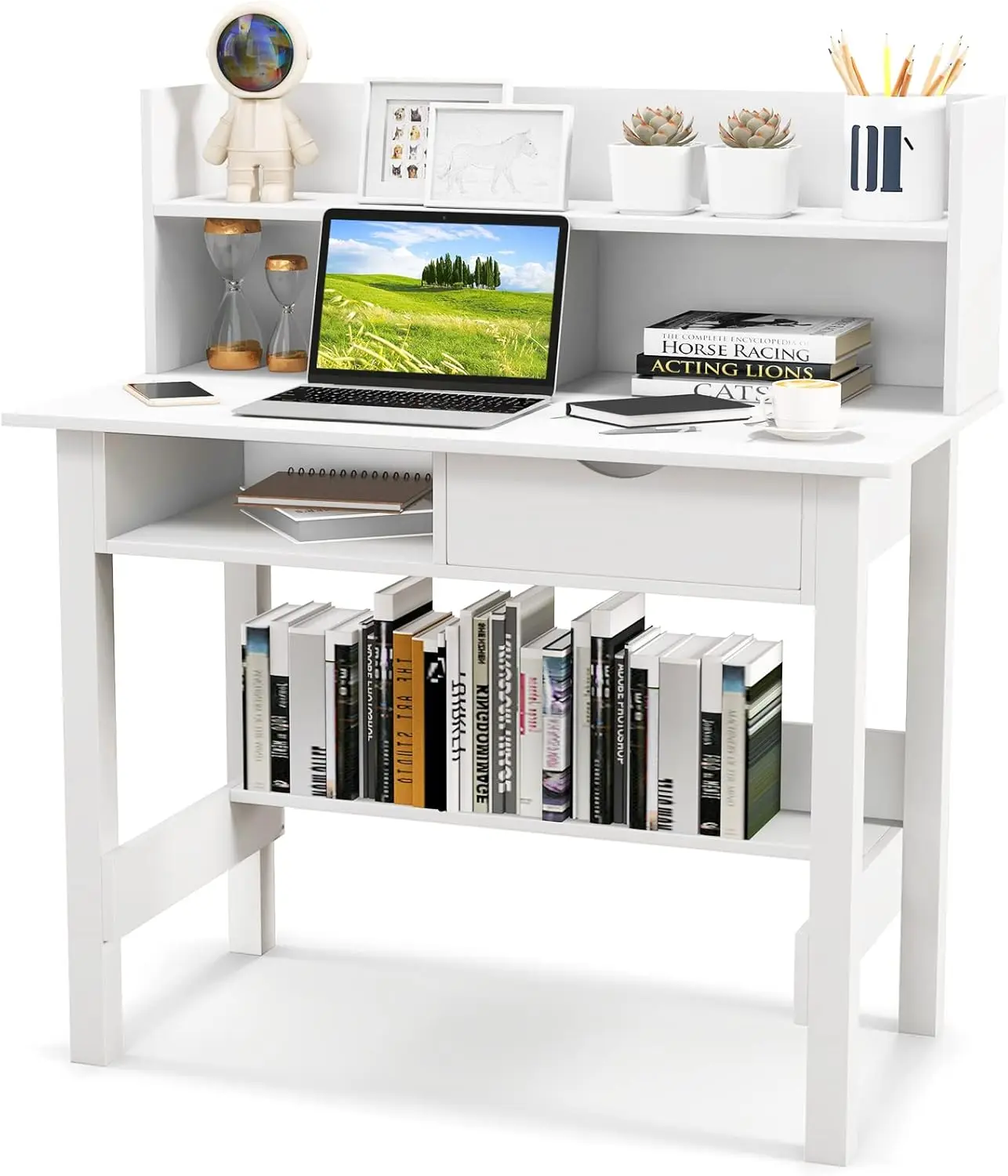 

White Desk with Hutch, Home Office Writing Study Desk with Storage Bookshelf & Drawer