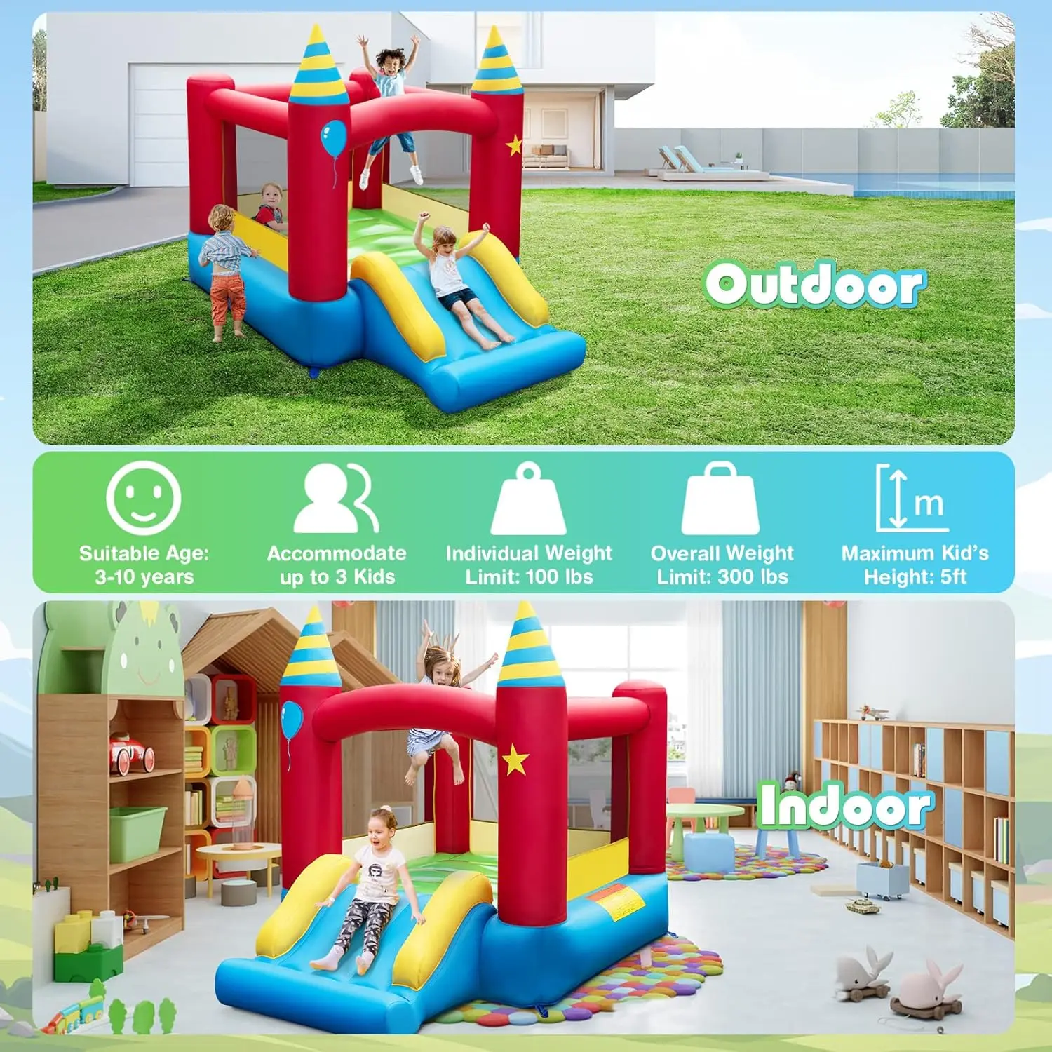 Inflatable Bounce House, Jumping Castle with Slide, Oxford Carrying Bag, Basketball Rim, Air Bouncer for Kids Indoor Outdoor Pla